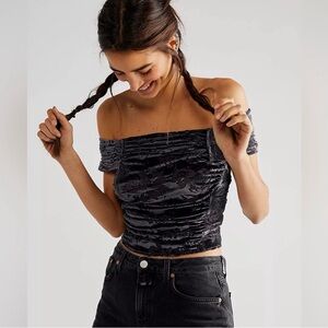 Free People Black Velvet Off-Shoulder Crop Top